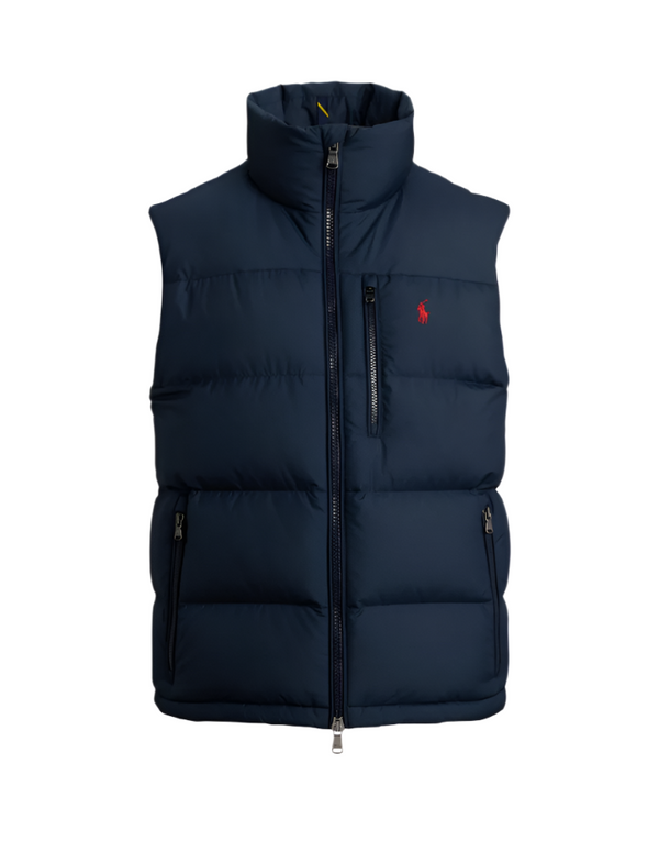 Navy puffer vest with a red logo on a white background