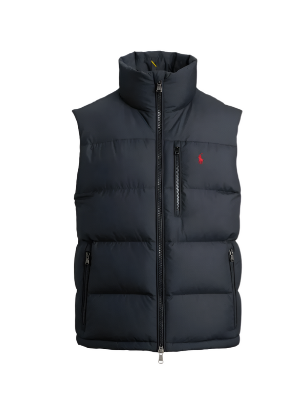 Black puffer vest with a brand logo on a white background