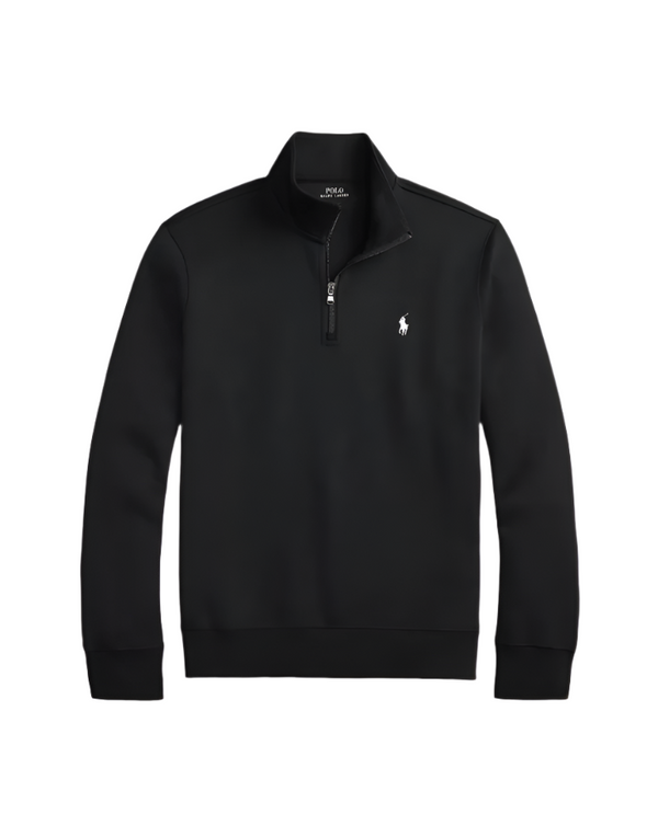 Black half-zip sweatshirt with a logo on a white background