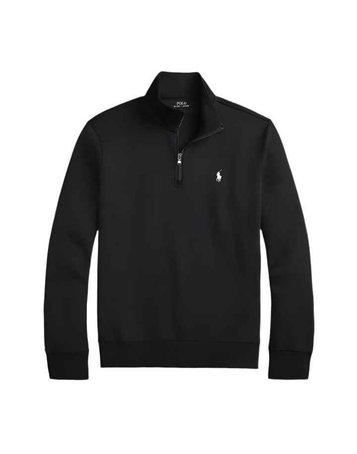 Black half-zip sweatshirt with a logo on a white background