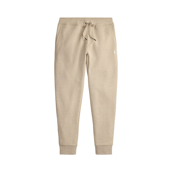 Beige sweatpants with a drawstring on a white background