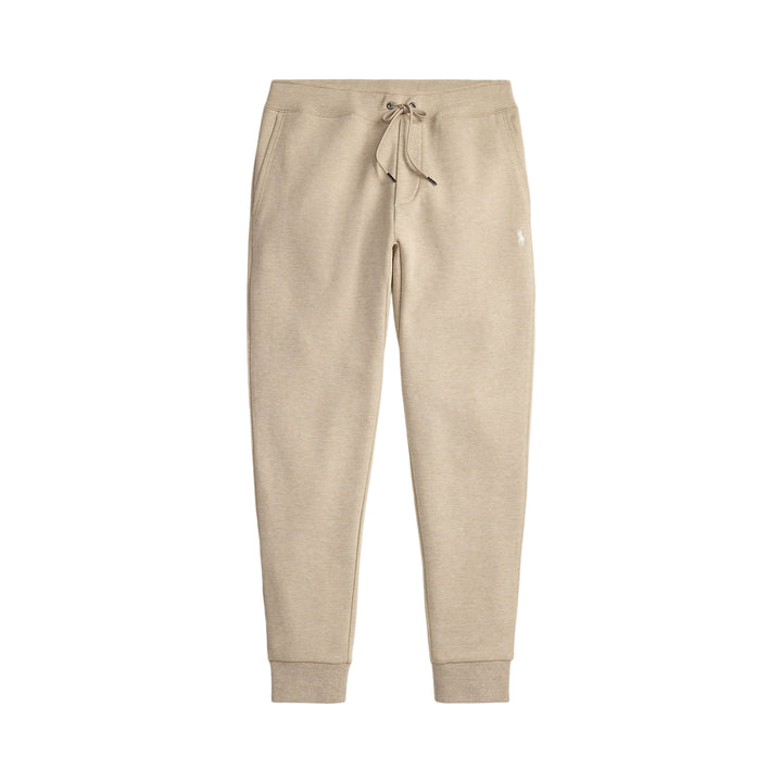 Beige sweatpants with a drawstring on a white background