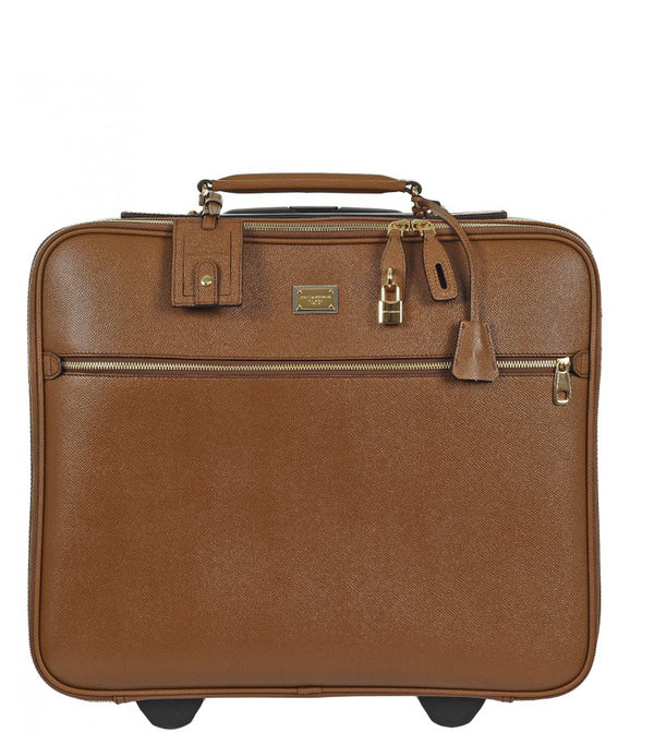 Dolce & Gabbana Brown textured leather carry on trolley