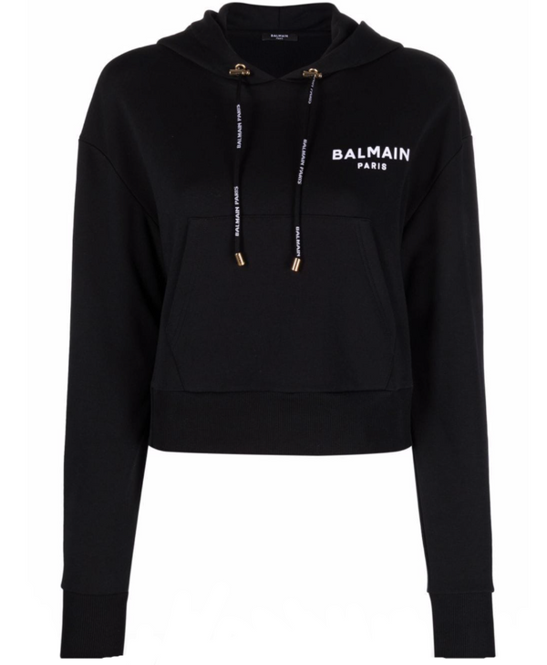 Balmain flocked-logo cropped hoodie