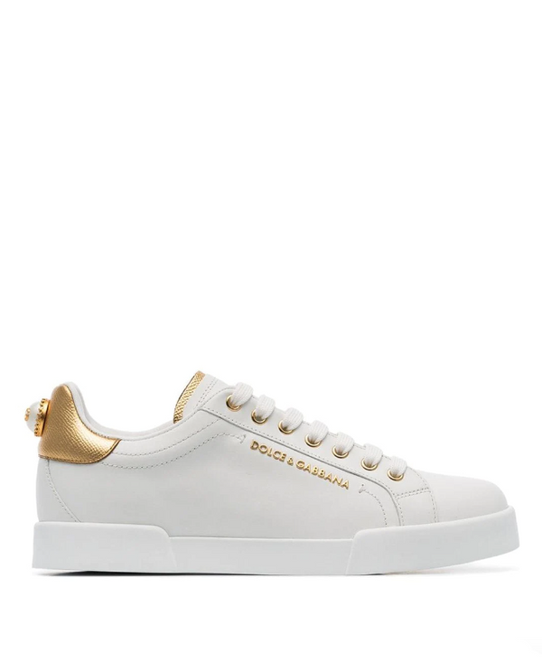 Dolce & Gabbana white pearl embellished leather sneakers