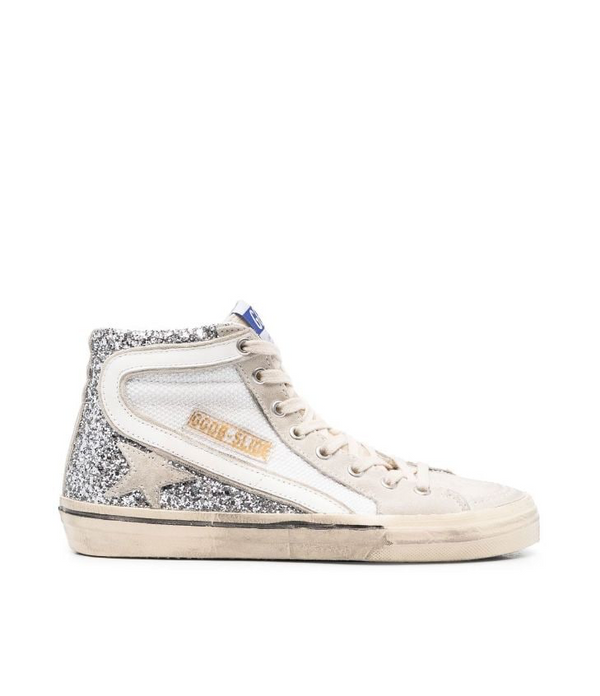 Golden Goose slide sneakers with upper in laminated leather and silver glitter