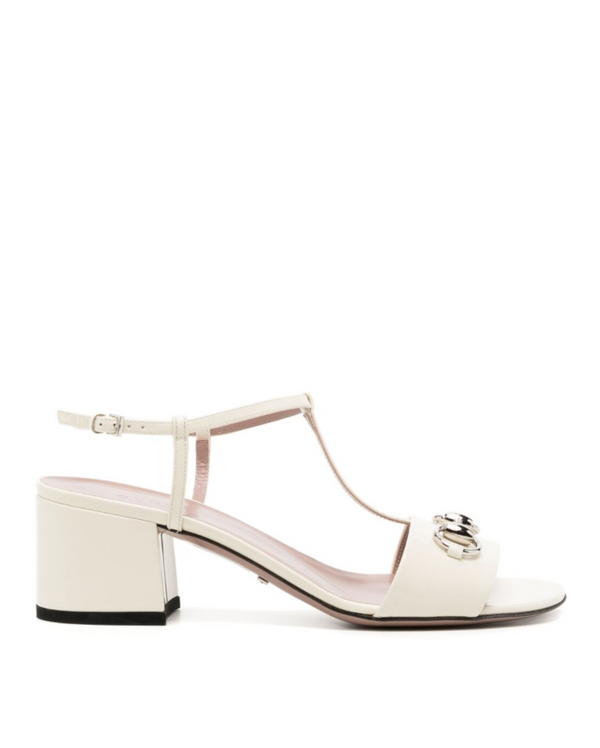 Gucci Off-white patent t-strap horsebit sandals