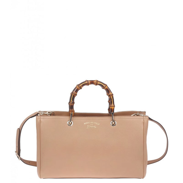 Beige leather bamboo shopper tote - Profile Fashion