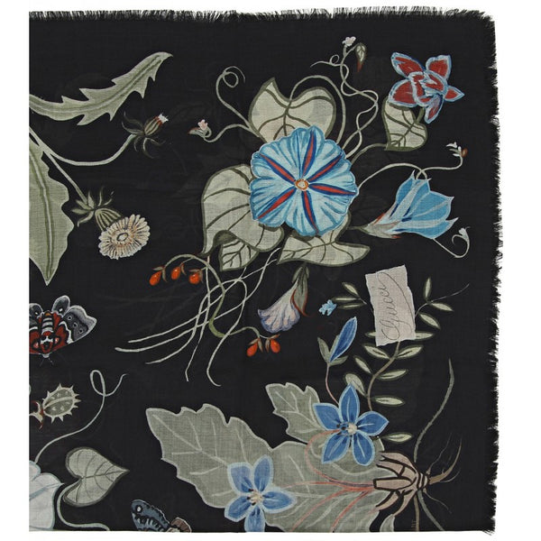 Gucci Black flora knight print wool silk shawl
