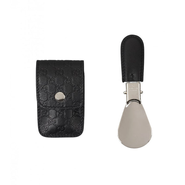 Gucci Foldable shoe horn with black leather Microguccissima travel case