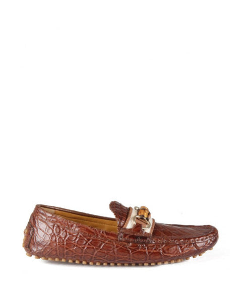 Gucci Dark tan crocodile leather bamboo detail driving shoes